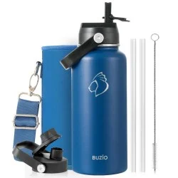 Buzio Duet Series Water Bottle with 2 Lids and Sleeve 1L - Blue